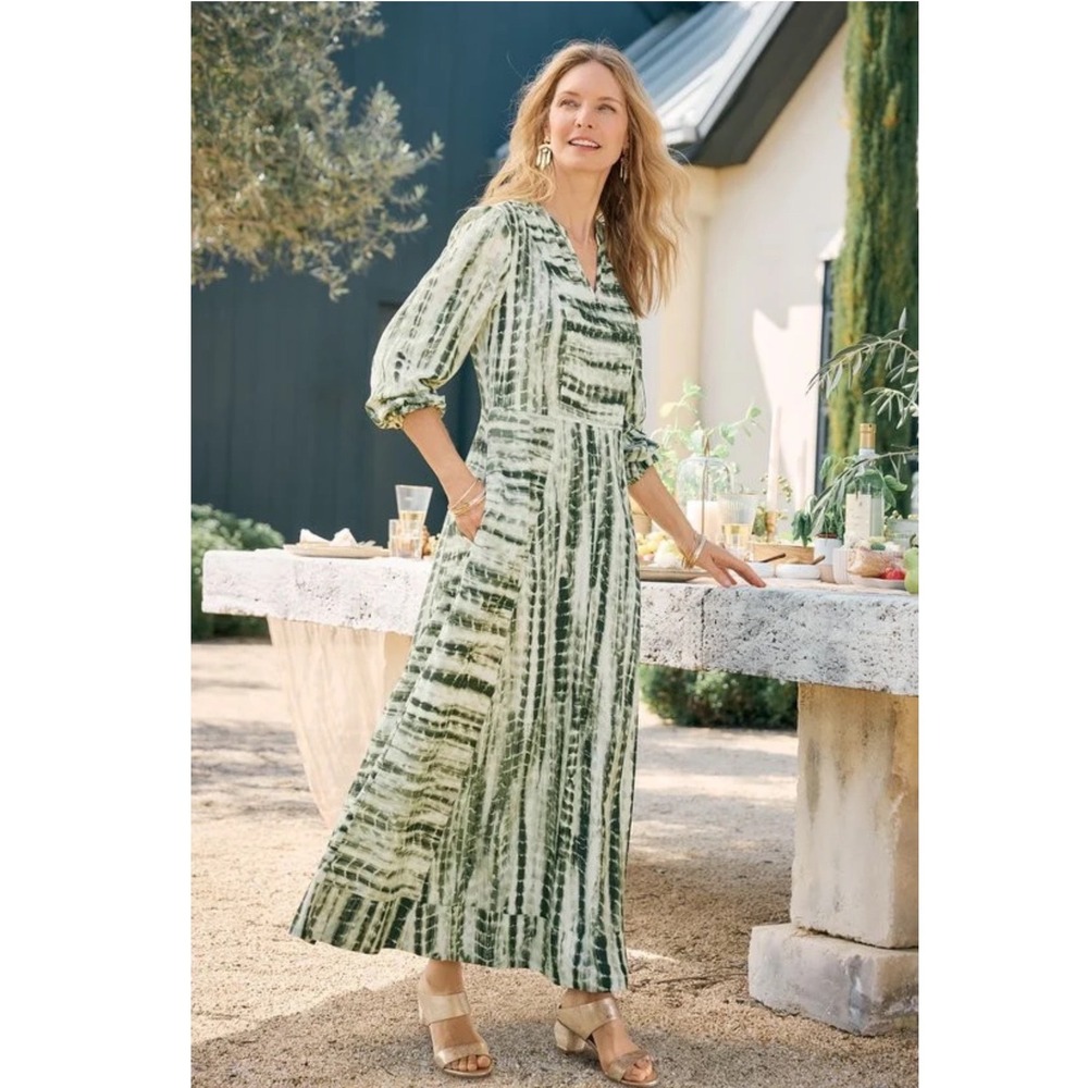 Soft Surroundings Alejandra Green Tie Dye Maxi Dress Petite S PS Boho Coastal
